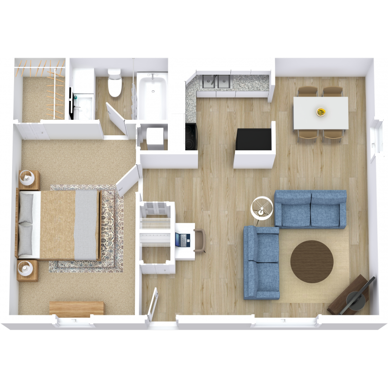 Floor plan for 1 bed, 1 bath, 604 sqft